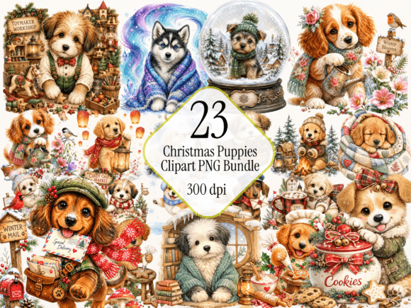 Christmas Puppies Clipart PNG Bundle: A Festive Illustration for Digital Sellers