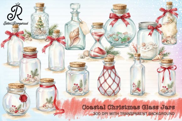 Coastal Christmas Glass Jars Clipart for Seasonal Design Projects