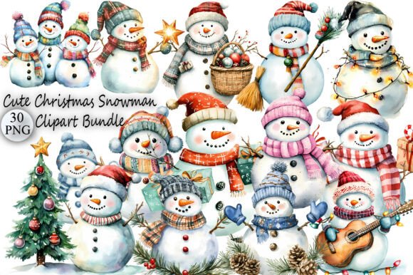 Cute Christmas Snowman Clipart Bundle for Illustrations