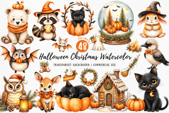 Halloween Christmas Watercolor Bundle for Illustrations