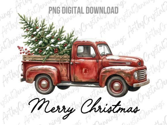 Retro Red Merry Christmas Truck PNG for Handmade and Cricut Projects