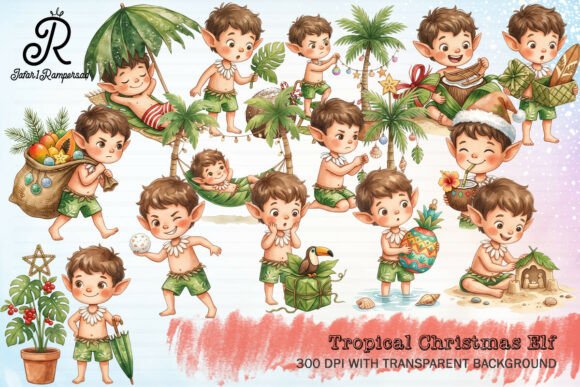 Tropical Christmas Elf Clipart: A Festive Graphic Design Asset for Creative Campaigns
