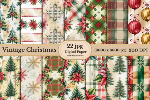 Vintage Christmas Digital Paper Bundle for Crafts