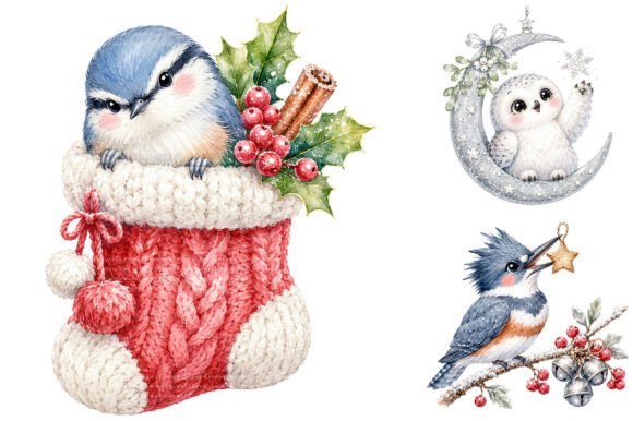 Watercolor Christmas Birds Clipart Bundle: A Festive Illustration Asset for Branding