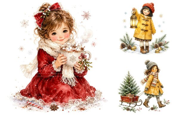 Watercolor Christmas Girls PNG Clipart: A Festive Illustration for Handmade Creations