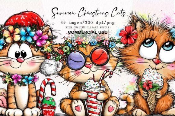 Whimsical Summer Christmas Cats Clipart: A Festive Illustration Asset for Digital Sellers
