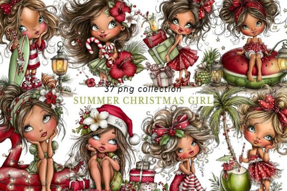 Whimsical Summer Christmas Girl Clipart: A Unique Illustration for Seasonal Designers